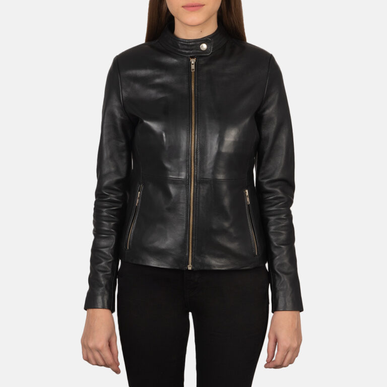 Womens Rave Black Leather Biker Jacket Close Front-5-1659377032664